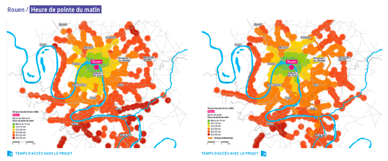 Rouen : gains de temps estimés par la Dreal sans l'autoroute ou avec l'autoroute