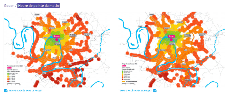 Rouen : gains de temps estimés par la Dreal sans l'autoroute ou avec l'autoroute